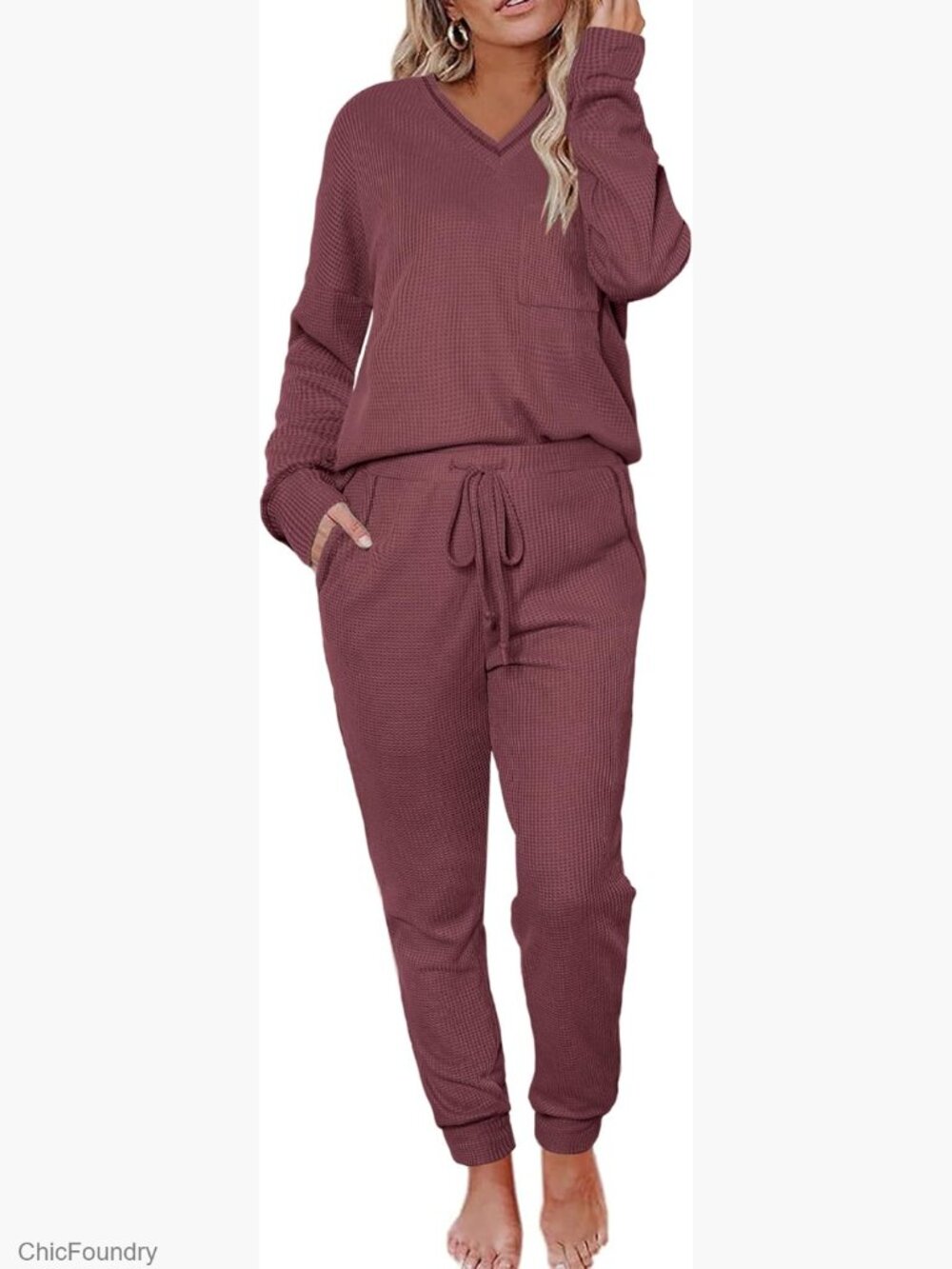 Waffle Knit Long Sleeve Pajama Set Maternity Lounge Wear